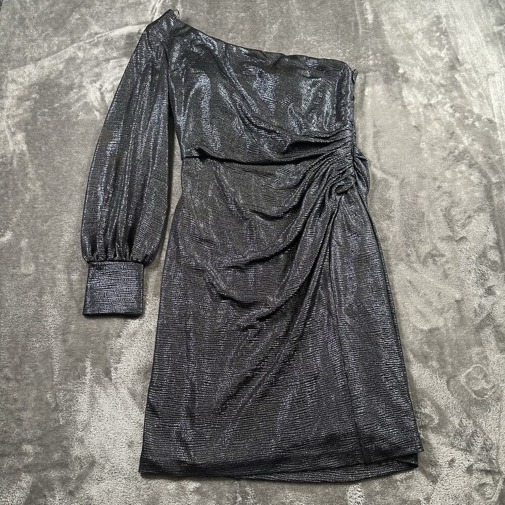 NW Nightway Dress Womens 6 Navy Metallic One Shoulder Cocktail Mini‎